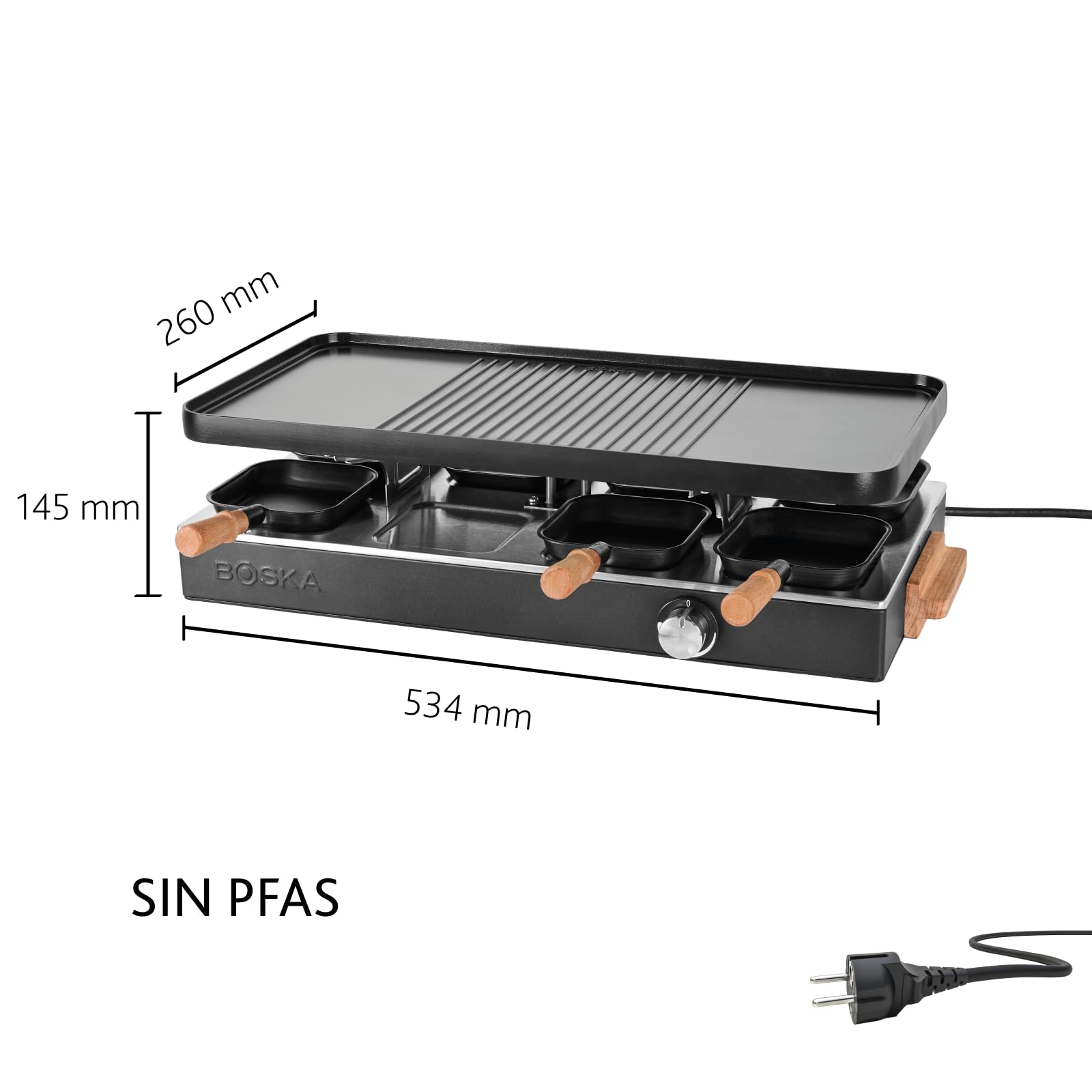 BOSKA Raclette Grill 8 Personas 1400 W - Plancha Eléctrica con Placa Cerámica PFAS Libre - Placa Reversible Antiadherente - Termostato Ajustable - Parrilla de Mesa - Negro | Plancha raclette con placa reversible, 8 sartenes, revestimiento sin PFAS y acaba