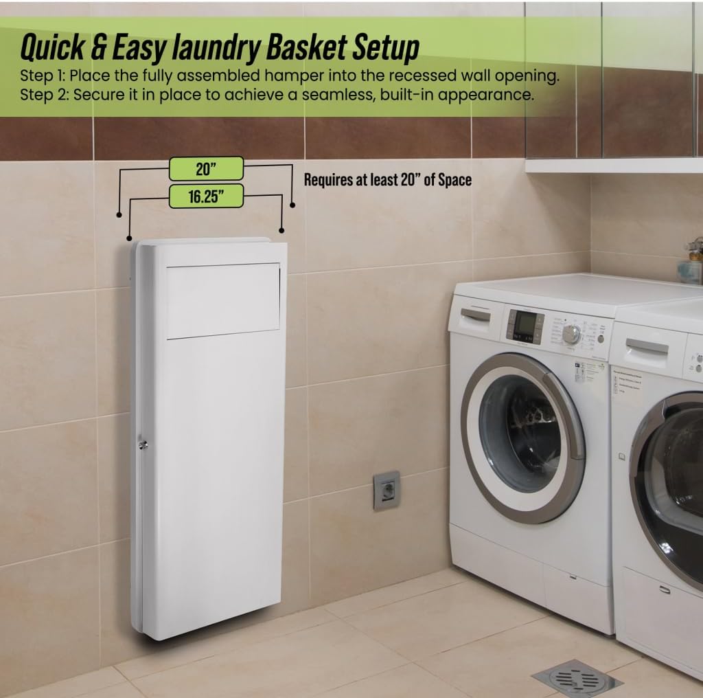 Installation guide showing the recessed hamper and required wall opening dimensions