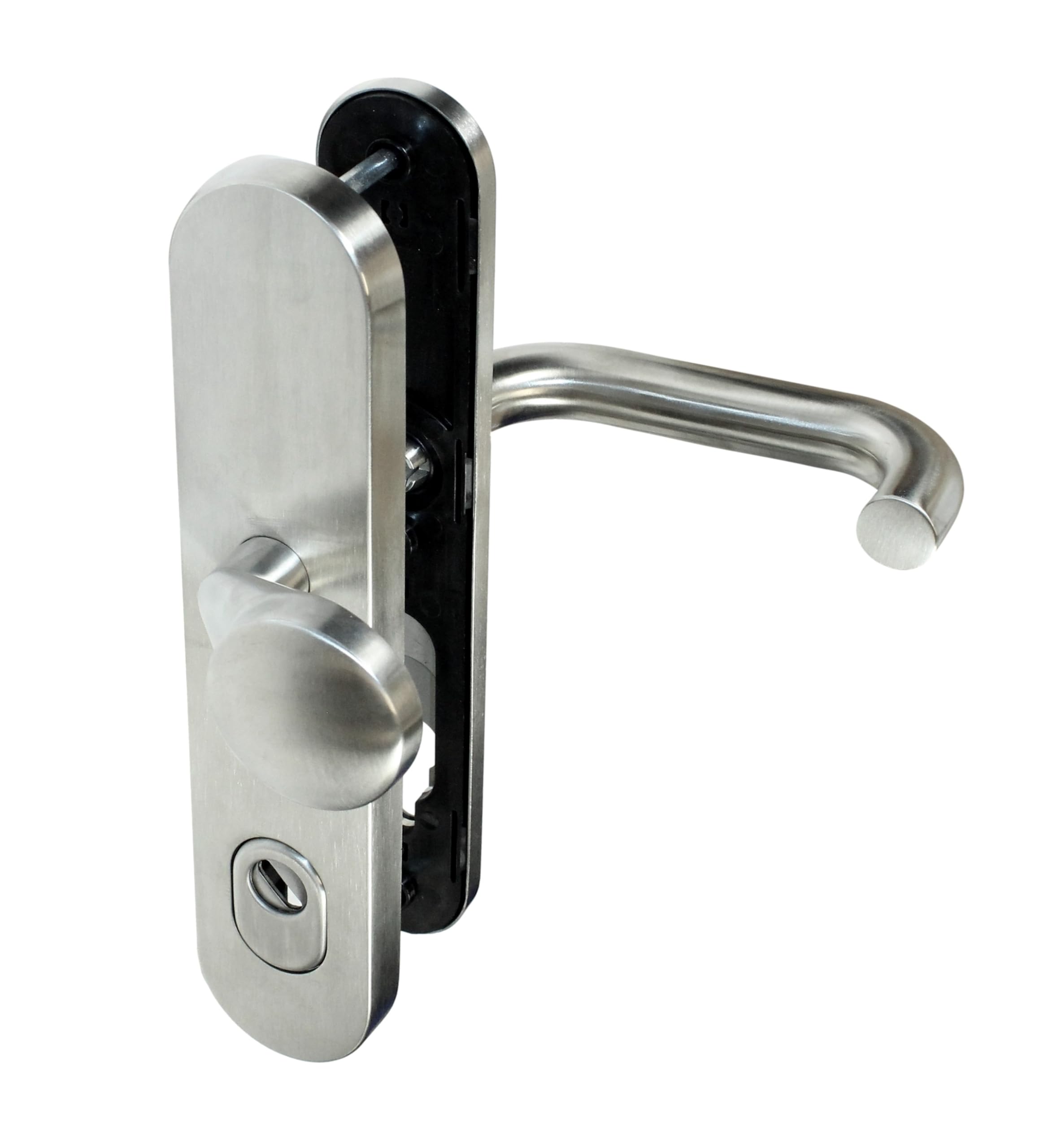 SN-TEC BKS Haustür Edelstahl Schutzbeschlag mit Ziehschutz ES1, Langschild mit gekröpften Rundknauf, DIN L/R, TS 35-50mm, 8 und 10mm