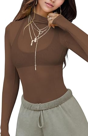 Mesh Long Sleeve Tops for Women Lace Mock Neck Sheer Shirt Blouse Sexy See Through Slim Fitted Tee Shirt
