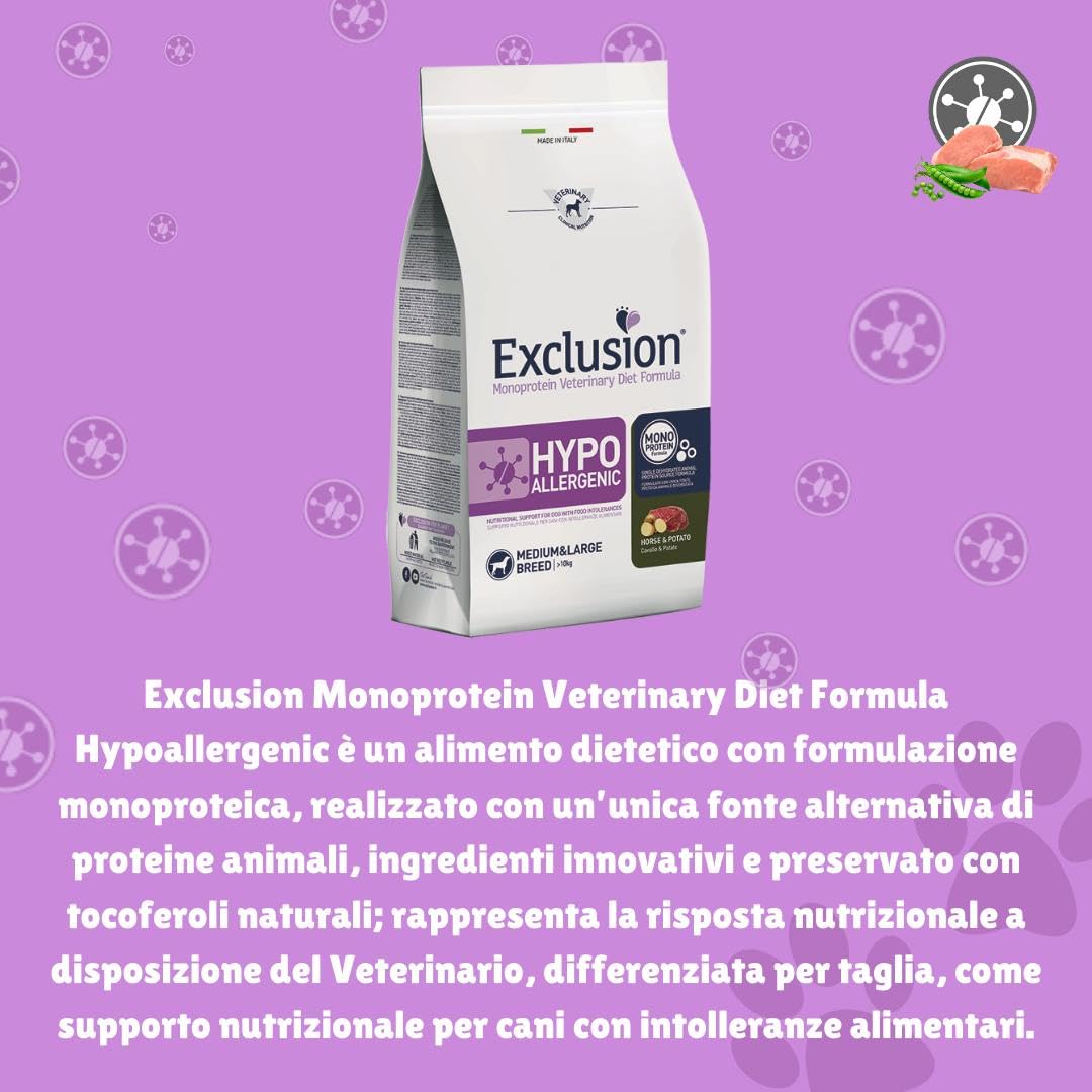 Exclusion Hypoallergenic Medium Adult Caballo y Patatas 2 kg, alimento completo hipoalergénico para perros adultos de talla media con intolerancias alimentarias.