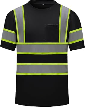 High Visibility Shirts Quick Dry Safety T Shirts with Reflective Strips and Pocket Short Sleeve Mesh Hi Vis Construction Work Class 2 Shirt for Men/Women Black,XL