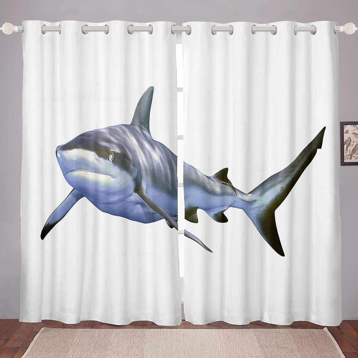 Loussiesd Shark Blackout Curtains for Kids Boys Teens 3D Shark Print Window Curtain Marine Life Ocean Wave Curtains for Bedroom Sea Animal Pattern Darkening Thermal Drapes W66*L72,2 Panel Set