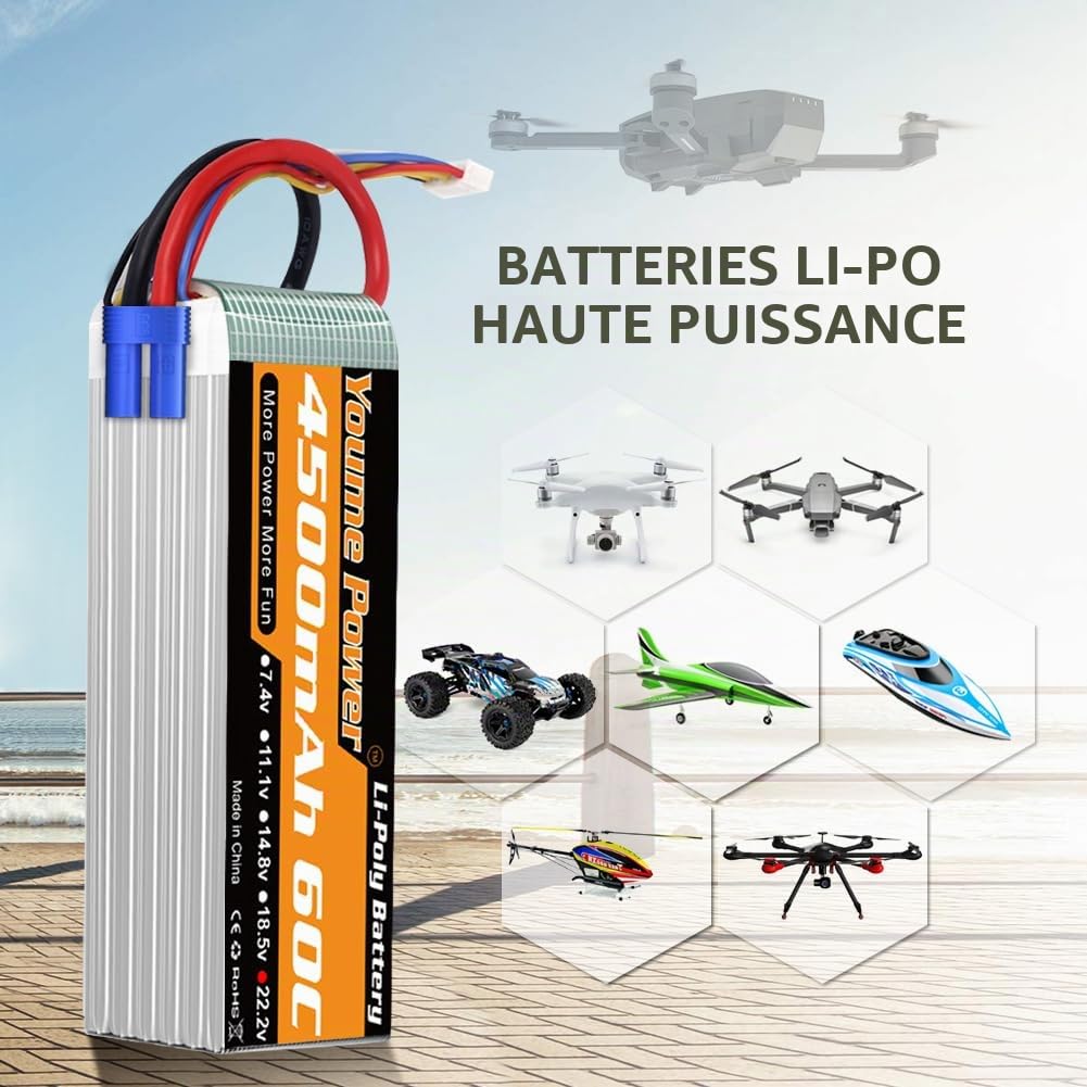 Youme Batterie Lipo 6S, Batterie Lipo 22.2V 4500mAh 60C avec Prise EC5 et XT90 pour Drone de Classe X Racing 70MM 8MM 90MM EDF RC Quadcopter Airplane Helicopter Car Truck Boat Hobby (2 Packs)