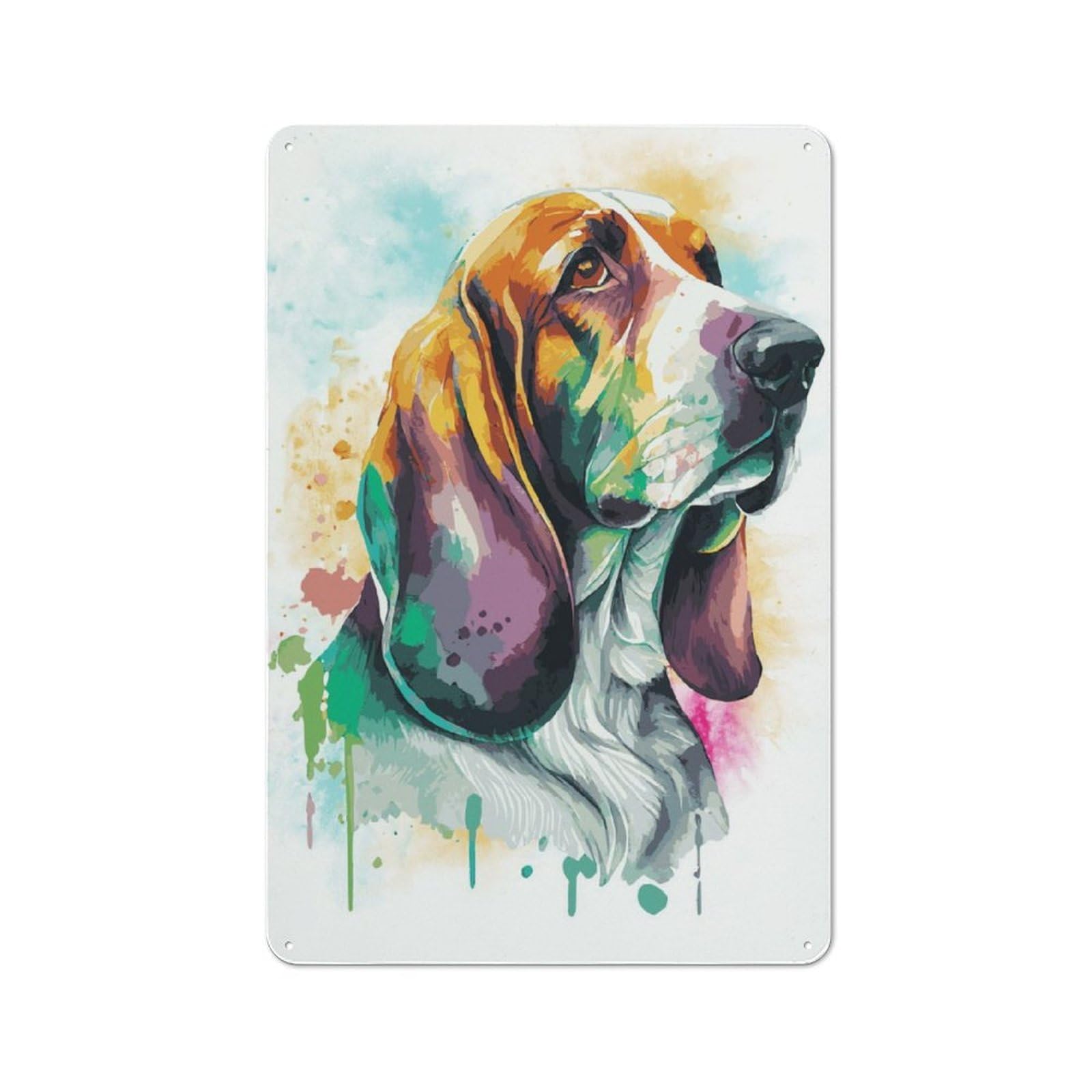 Junmoney Watercolor Basset Hound Metal Plaque 30X20cm With For Hallway Wall, Retro Decor, For Wall Display Collectors
