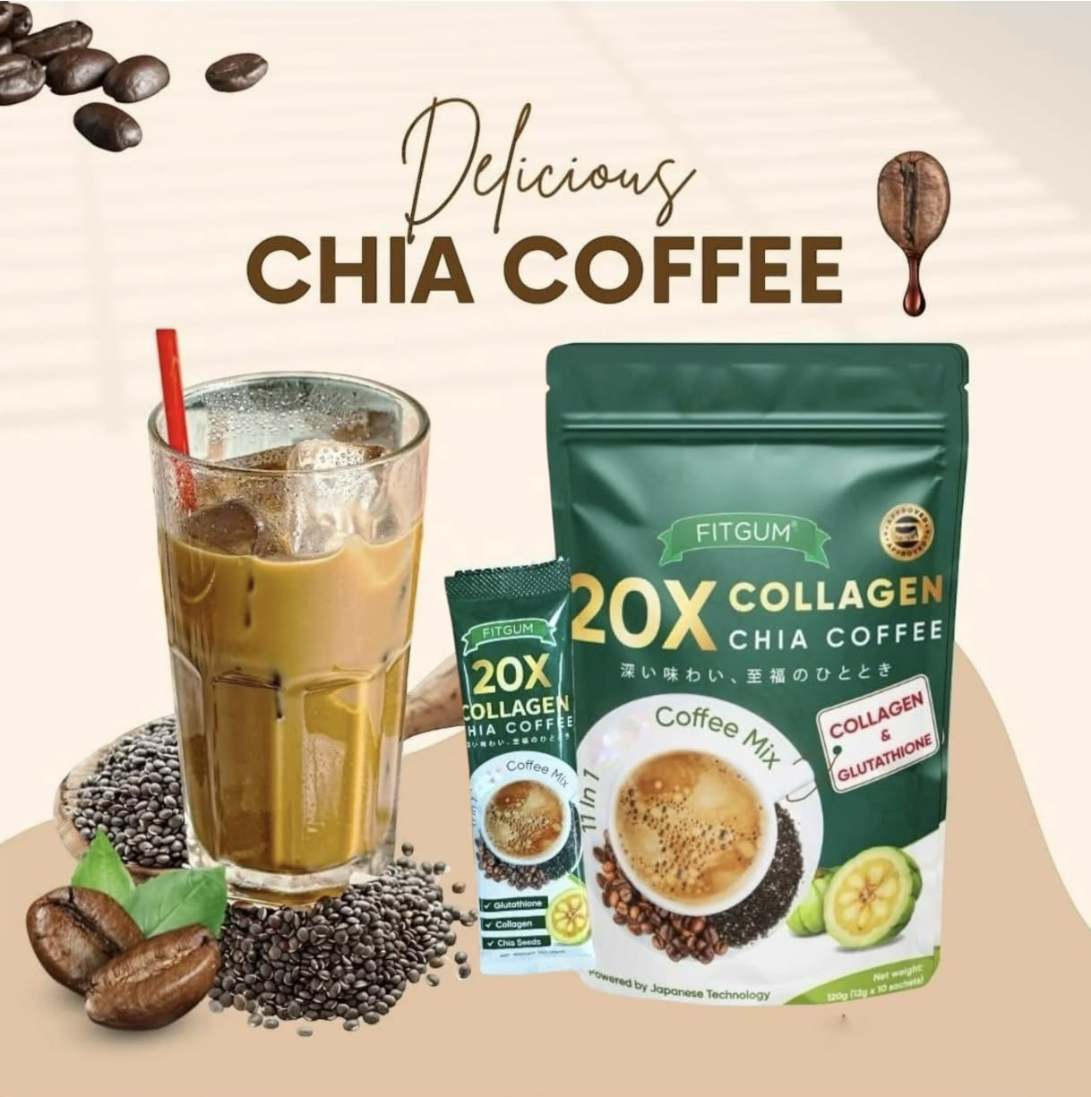 2 Packs FIT GUM Collagen Chia Coffee - 11 in 1 Coffee Mix (10 Sachets per Pack)