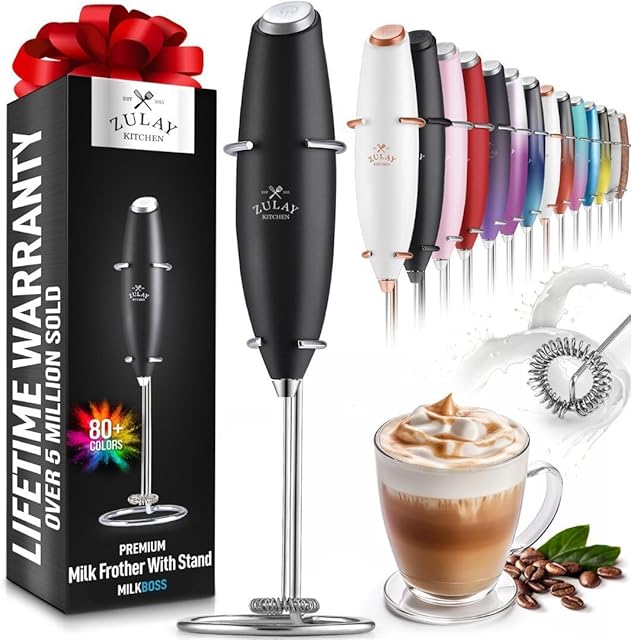 Zulay Milk Boss oryginalny ręczny spieniacz do mleka, do latte, mikser do kawy, minispieniacz do cappuccino, frappe, matcha, gorącej czekolady, czarny