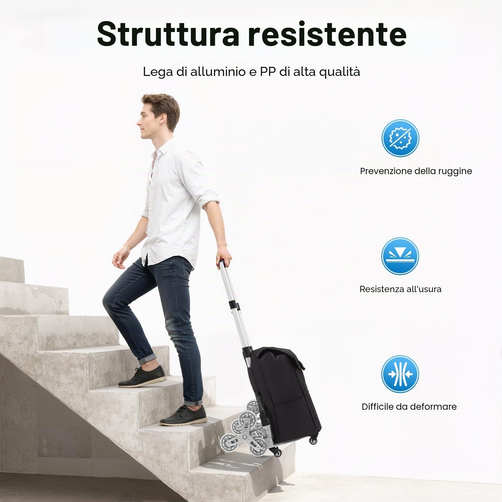 Carrello pieghevole per scale, carrello in alluminio, manico regolabile in altezza, ruote silenziose e tasca impermeabile rimovibile per traslochi e oggetti pesanti