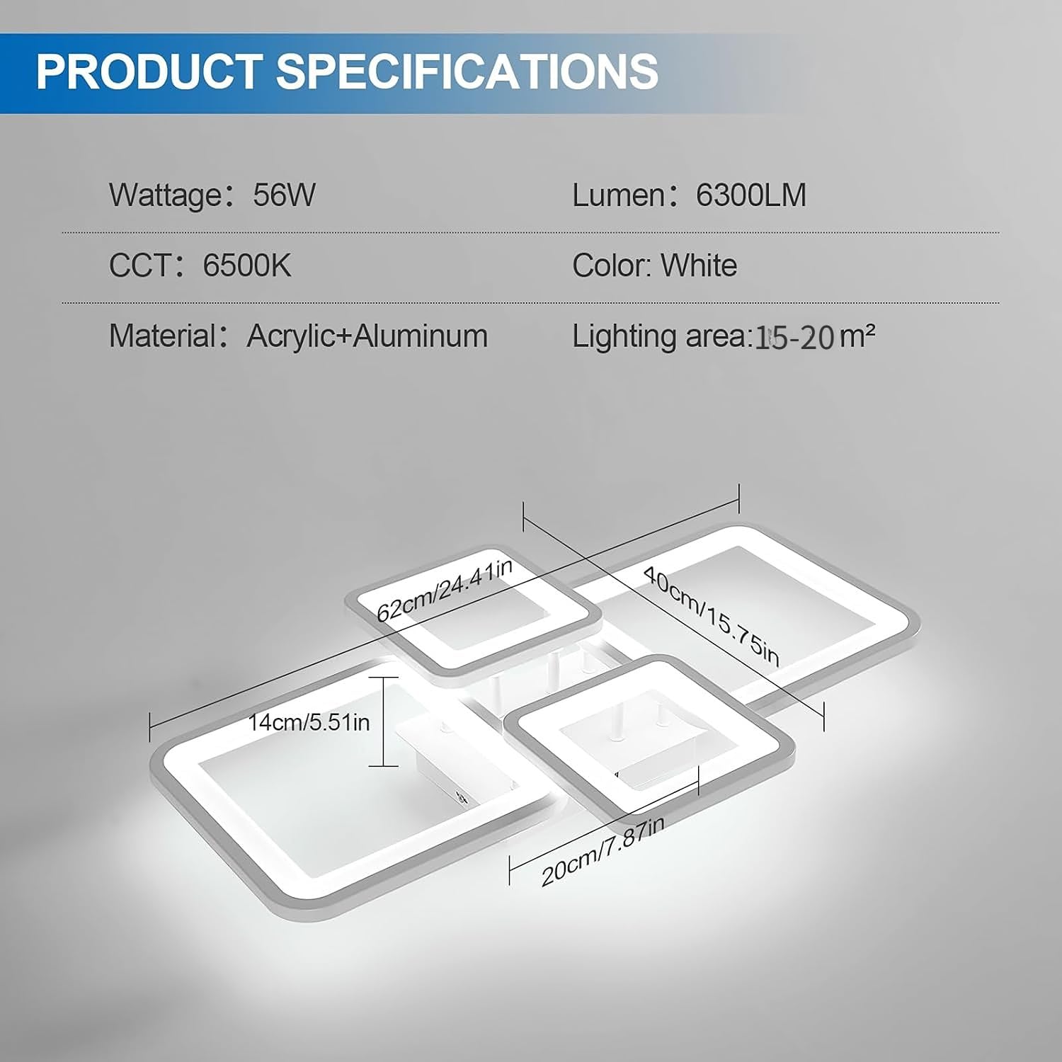 Plafoniera LED Soffitto 62CM, 56W 6300LM Lampada da Soffitto Rettangolo Design, Plafoniera Camera da Letto Bianco per Soggiorno Cucina Camera da Letto Sala da Pranzo, Bianco Freddo 6500K