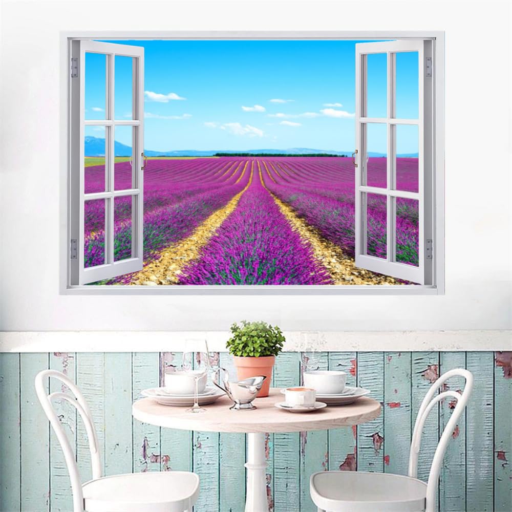 Pegatinas De Decoración De Pared 3D, Lavanda Calcomanías De Suelo De Vinilo Impermeables Extraíbles Arte, Paisaje Natural Calcomanías De Mural De Pared Rotas Para Niños Dormitorio 120x80cm