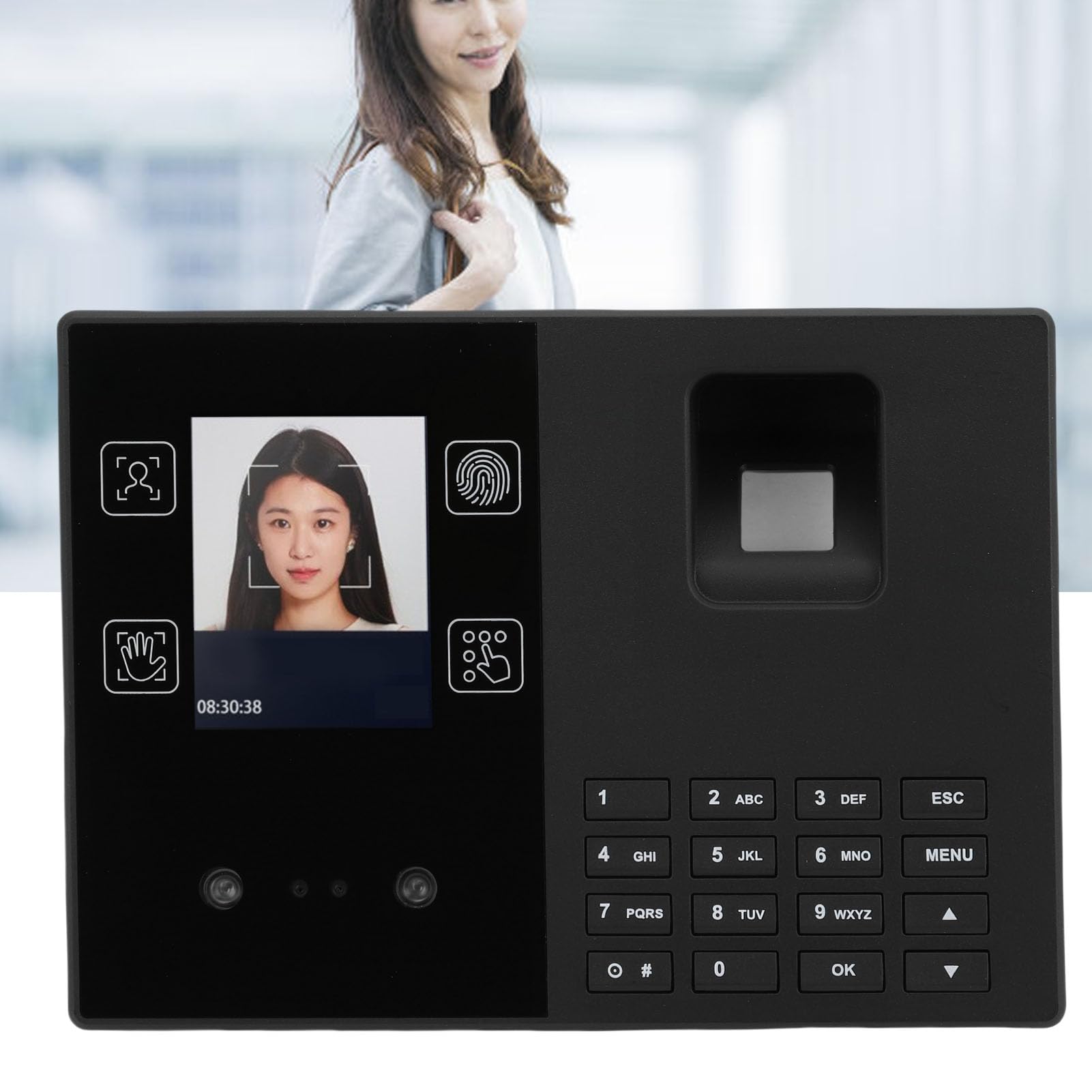 Hyuduo Reloj de Control Horario para Empleados, Máquina de Asistencia Biométrica con Reconocimiento Facial, Huella Dactilar y PIN, Verificación Rápida en 0,6 Segundos, Capacidad para 160 (Enchufe de