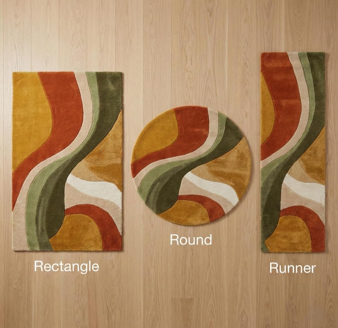 Retro Wave Area Rug, Multicolor Abstract Curved Stripes, Mustard Yellow Rust Orange Olive Green Cream, Modern Bohemian Style (5 * 7 feet)