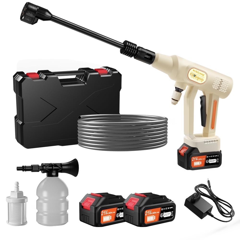 Nettoyeur Haute Pression sans Fil 21V, 2 * 4000mAh Nettoyeur Haute Pression sur Batterie Portable, Buse Multifonction 6 en 1, Tuyau 5M, Pistolet de Lavage Haute Pression pour Voitures et Balcons