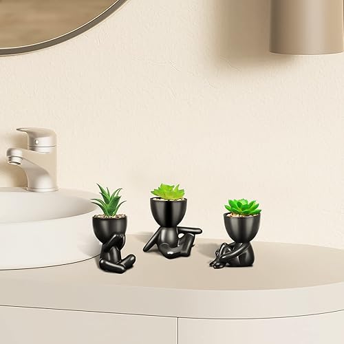 Miniatura 9 de SEMSOIIO 4PCS Fake Succulents Artificial in Black Modern Human Shaped Ceramic PotsMini Succulents Plants Fake Plants Bathroom DecorCute Desk Decor