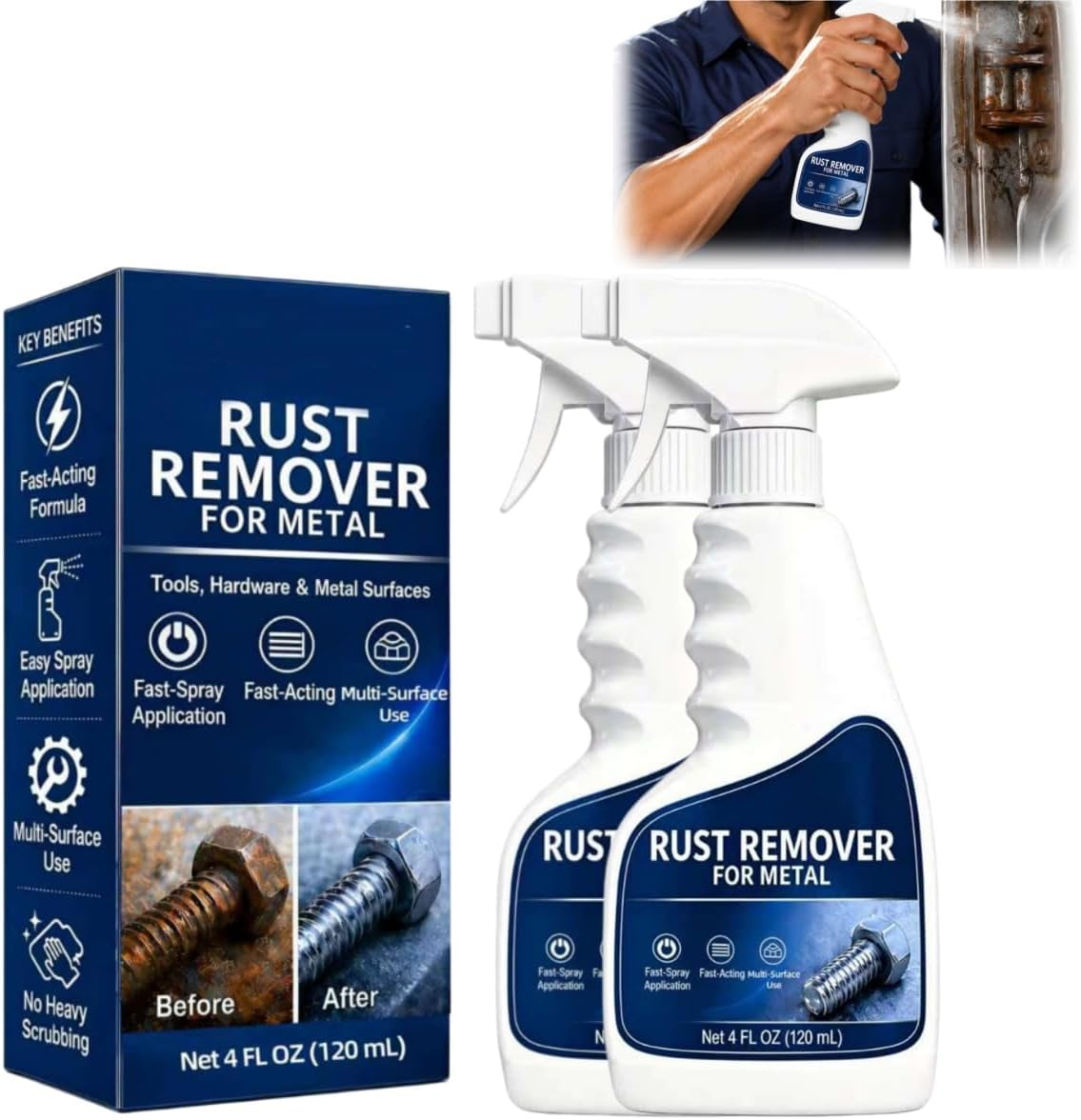 120ml Fast Acting Metal Rust Remover Spray, No Scrub Multi Surface Rust Dissolver Cleaner for Car Auto Parts, Hardware, Bolts, Tools, Bike, Automotive Household Maintenance Cleaning Supplies (2 pcs)