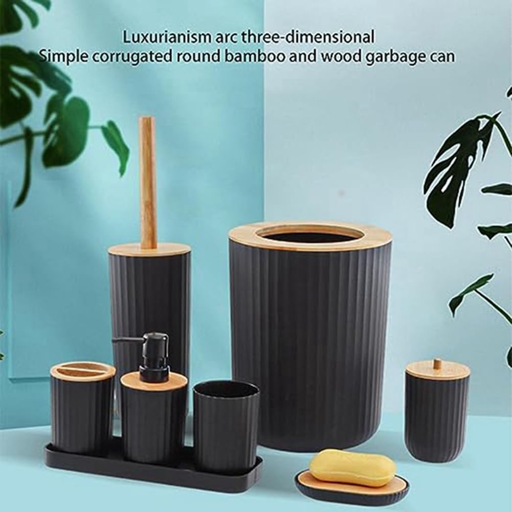 Juego de Accesorios de Baño de 8 Piezas, Bambú y Madera, Resistente al Agua, Color Negro, Diseño Contemporáneo