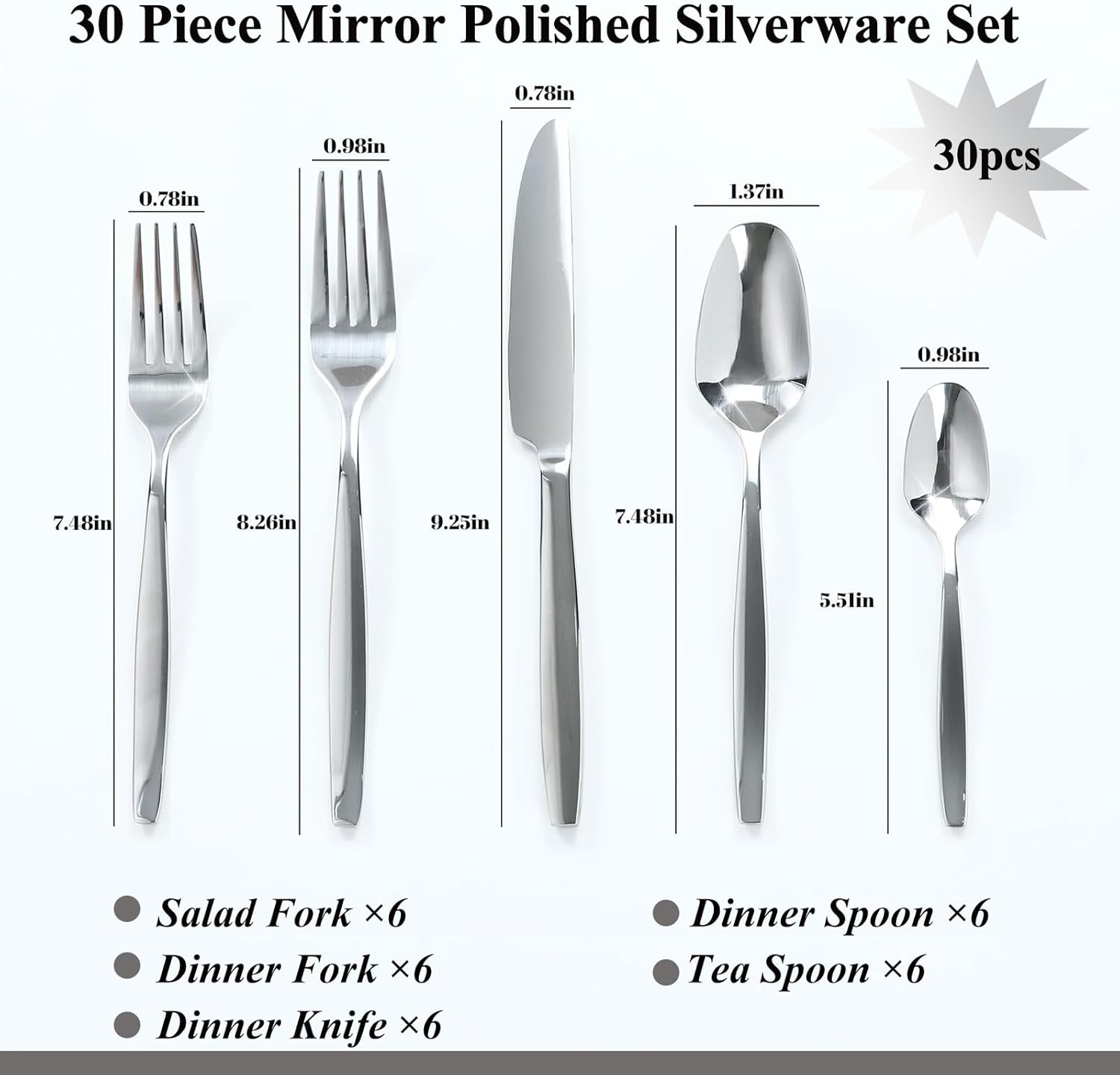 Silverware Set,30-Piece Stainless Steel Flatware Set for 6,18/0 Rust-Proof Cutlery Set with Forks & Spoons,Mirror Polished Dishwasher Safe - Heavy Duty Tableware for Wedding Housewarming