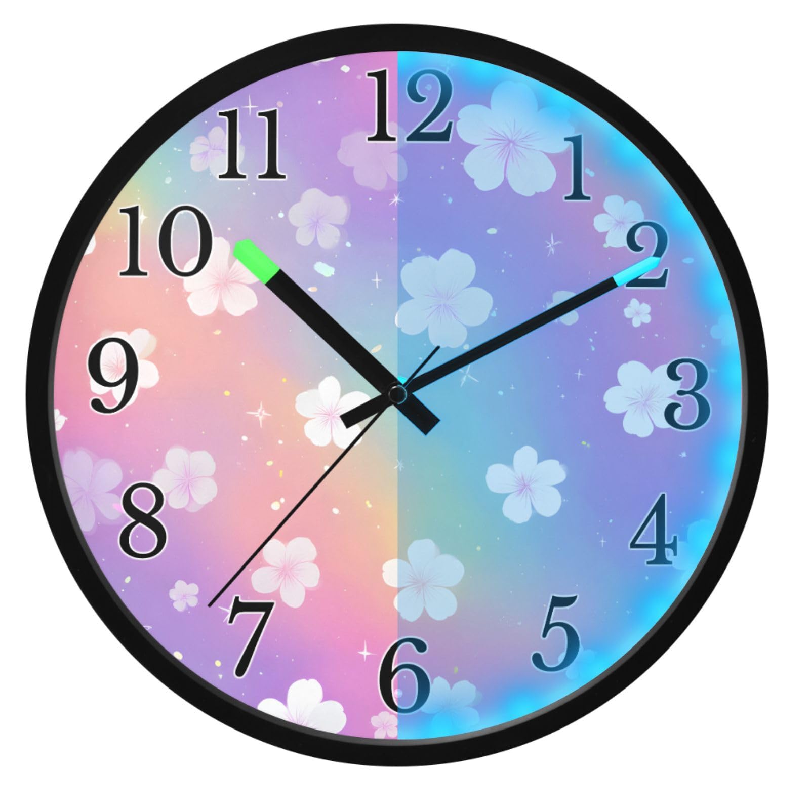 Mnsruu Reloj de pared luminoso con diseño de flores y arcoíris con purpurina, funciona con pilas, reloj silencioso que brilla en la oscuridad, para sala de estar, cocina, 12 pulgadas