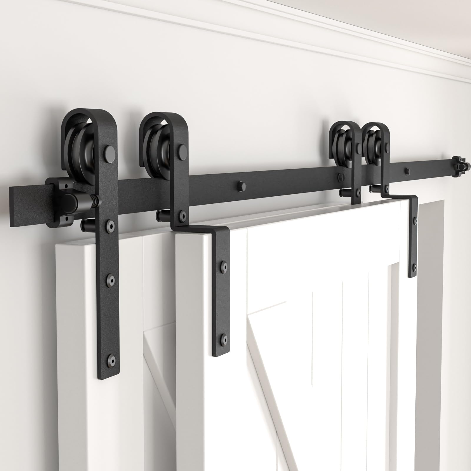 6FT Bypass Sliding Barn Door Hardware Kit, Combination Track Mode Sliding Door Hardware, Double Wooden Doors Use Single Track Bypass Barn Door Hardware Fit for Door Opening 70" (6 Feet)