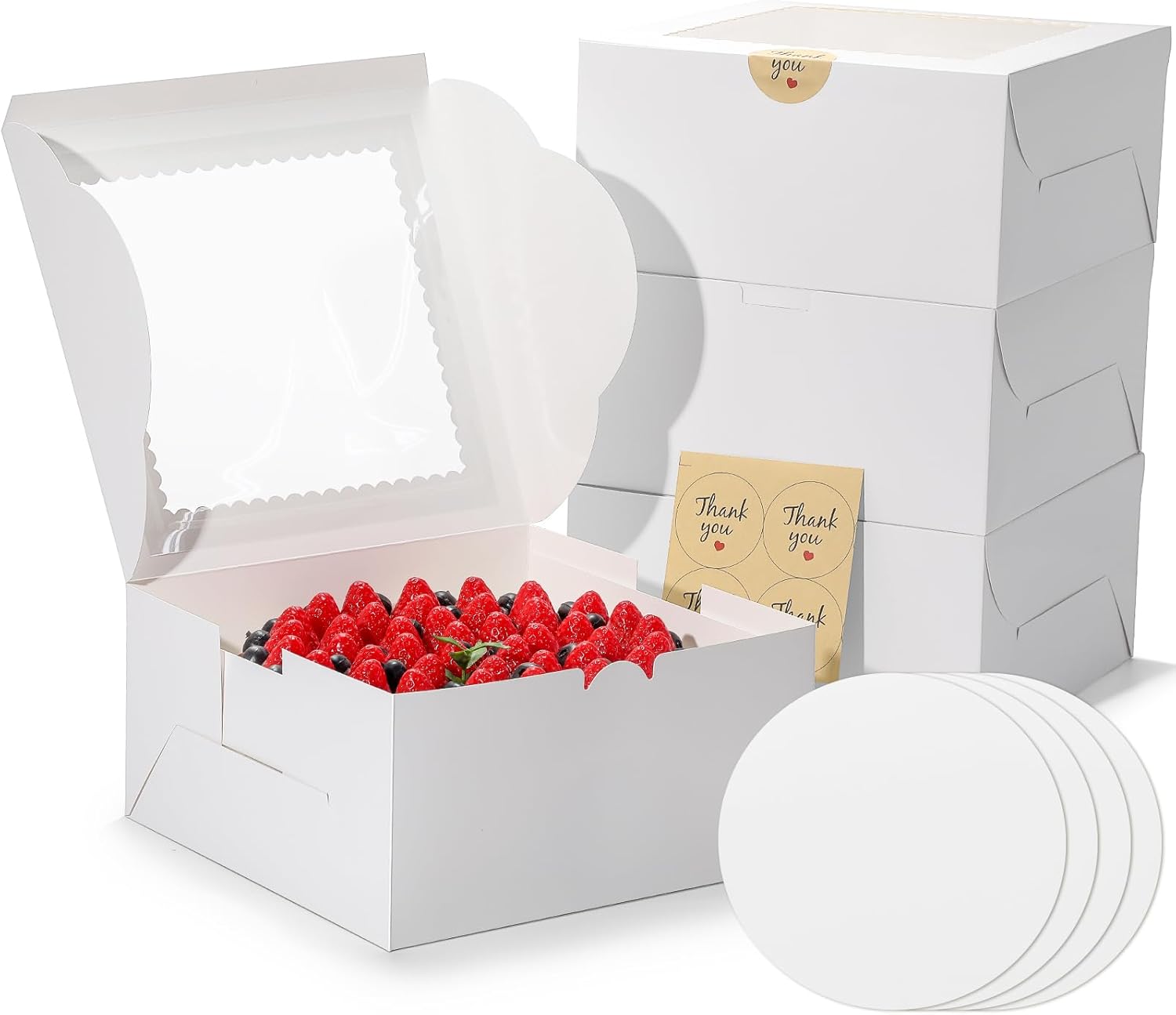 Mini Cake Boxes 6 Inch with Window, 48 Set Bakery Boxes with Cake Boards & Stickers, Cupcake Box for Birthday, Party, Wedding, Mother's Day, Valentine's Day, Christmas（6x6x5 inch）