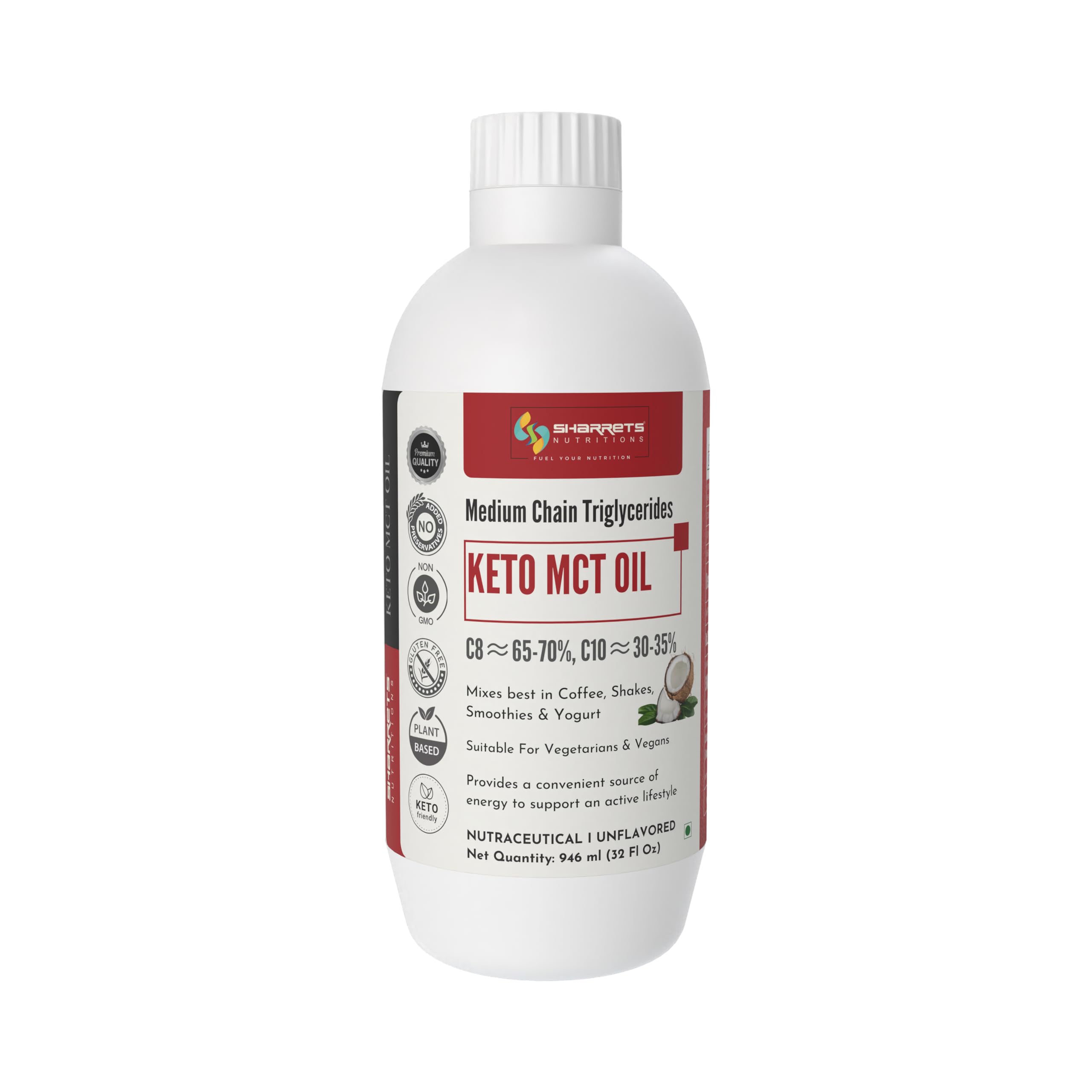 Sharrets Keto MCT Oil - 32 Fl Oz - C8 C10 70/30 Premium Medium Chain Triglycerides for Bulletproof Coffee and Athletic Performance.