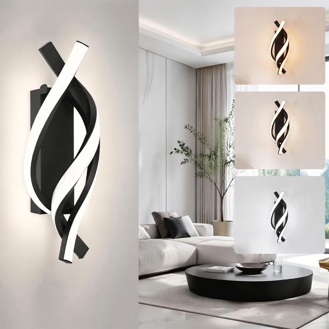 Black Spiral LED Wall Lights 28W 3 Color Temperatures Bedroom Hallway Decor
