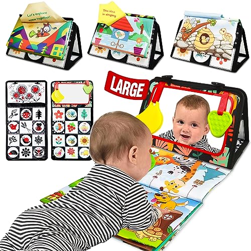 Image of Baby Mirror Tummy Time Floor Toys, High Contrast with Teethers for 0 3 6 12 Month Old Boys, Girls, Infant Baby Play Mirror Development Montessori Sensory Crinkle Soft Books for Crib, Floor, Car, Gift