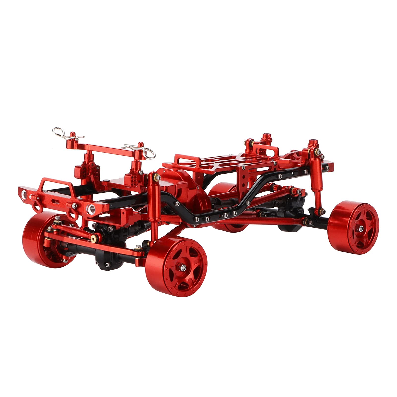 Zestaw ulepszonej ramy podwozia SCX24 |Rama ze stopu aluminium z piastami kół do samochodu Axial SCX24 90081 1/24 RC |Mocowanie silnika CNC i stalowy wał napędowy (Red)