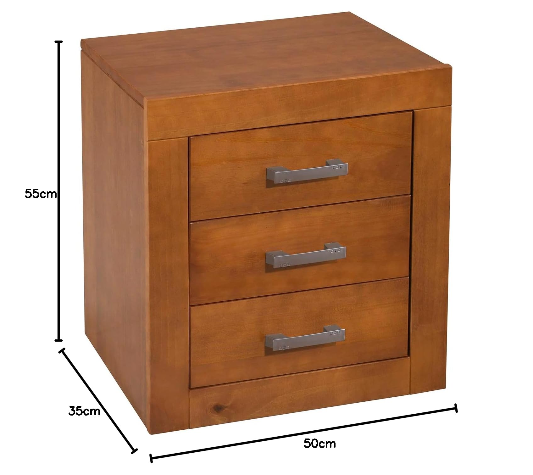 Dogar Moblit Mesita de Noche, Cómoda, Mueble Auxiliar, 3 Cajones en Madera de Pino Macizo Natural,Color Cerezo,Mueble Dormitorio Serie Kynus (Alto 55 × Ancho 50 × Fondo 35 cm) Robusta y Resistente