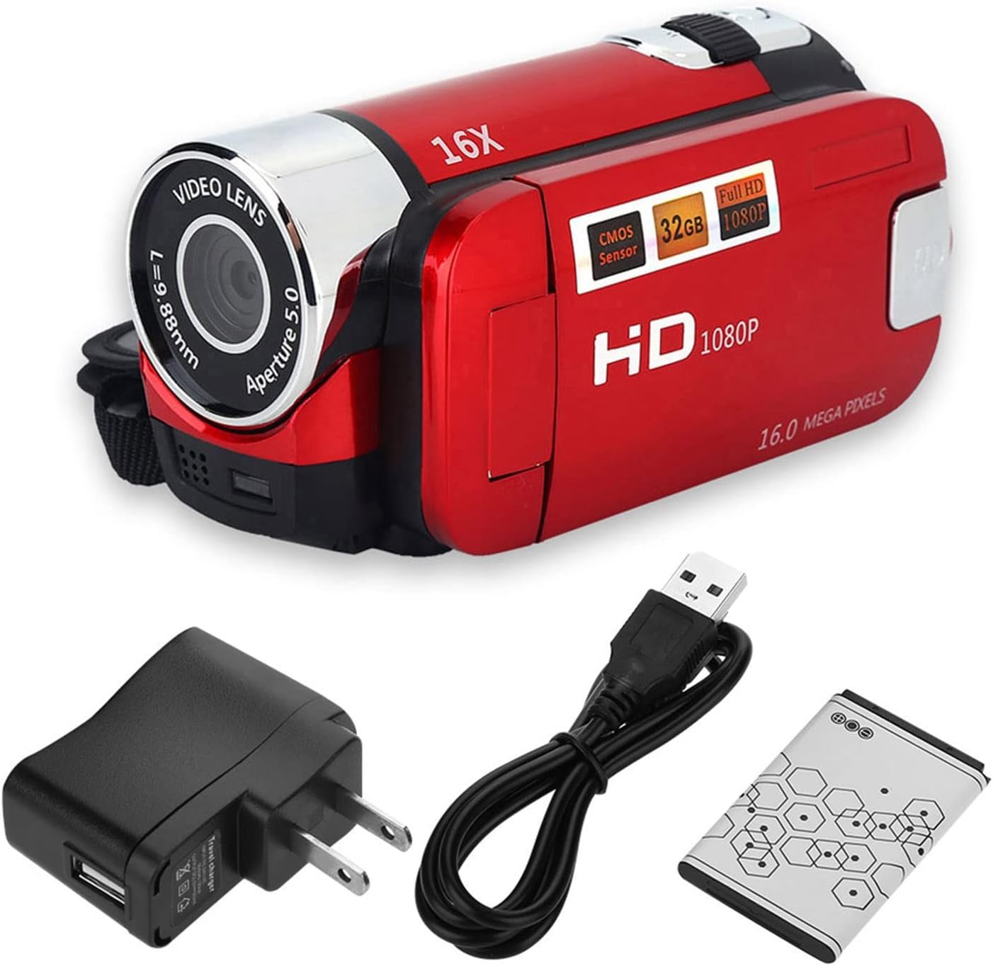 Diyeeni Handheld Video Camcorder 1080P FHD 16x Digital Zoom Trabar DV Digital Camera with COMS Sensor Built-in Speaker 270 ° Rotary Screen Video Camera(Red)