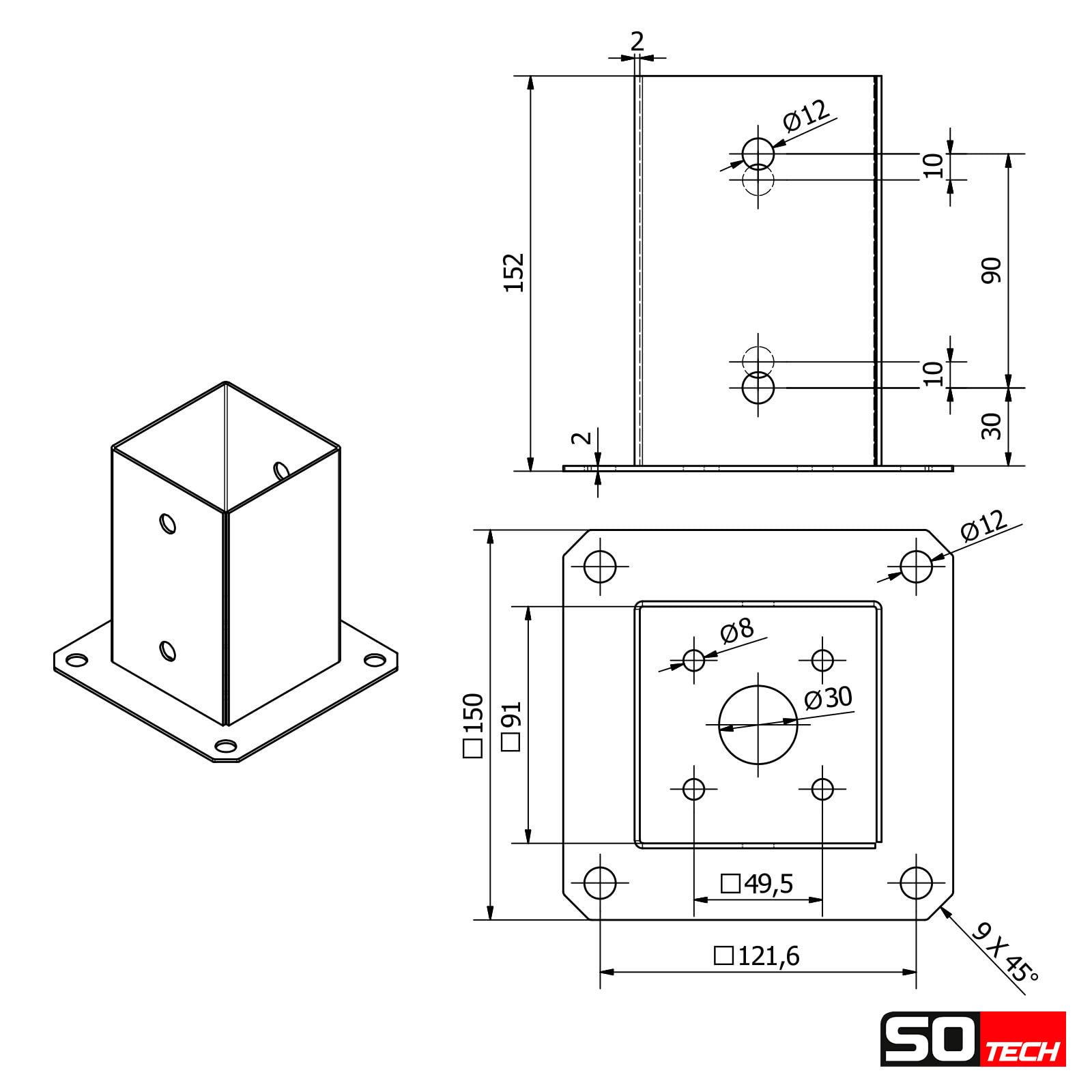 SOTECH SET de 2 ancres à visser carrées 90 x 90 mm, 152 mm de hauteur, acier galvanisé à chaud, douille pour bois carré - optimal pour l'extérieur