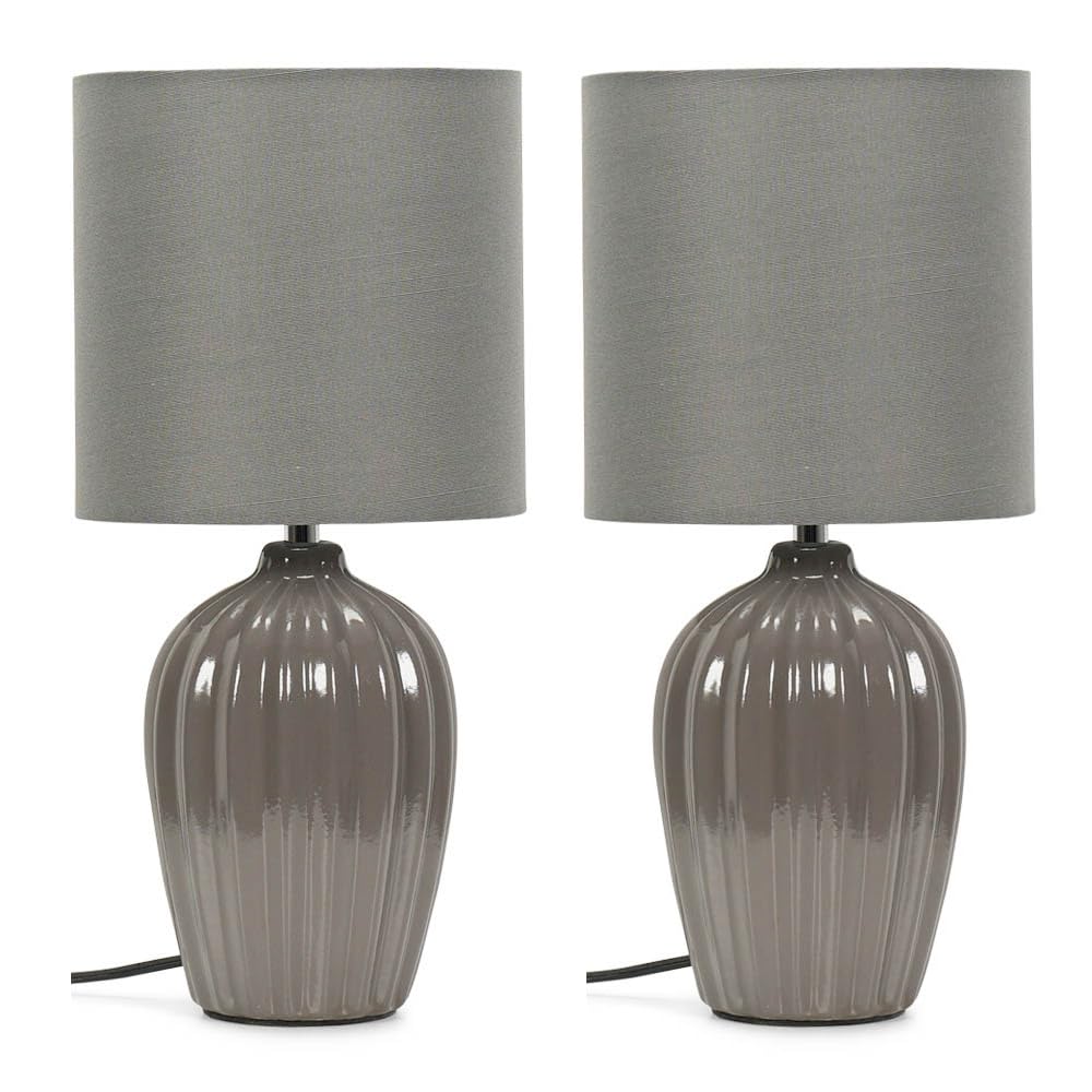 ValueLights Ceramic LED Table Lamp 2 Pack Grey Fluted