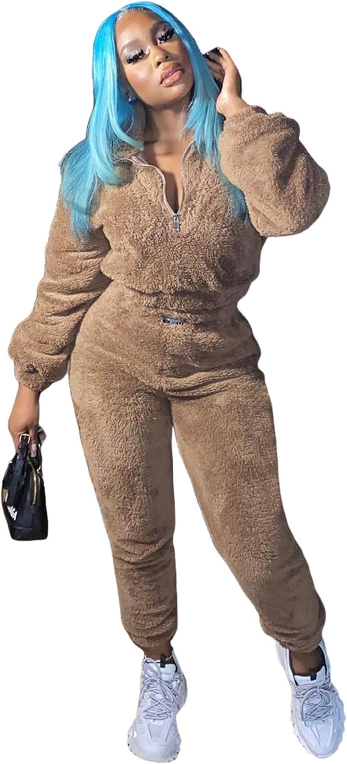 JQAMJQAM Womens Double Sided Fleece Casual 2-Piece Outfits,Women's Thickened V-Neck Casual Suit,Long Sleeve Sport Sweatsuit Top Jogging Pants,Tracksuit Loungewear Sets (Color : Brown, Size : X-Large)