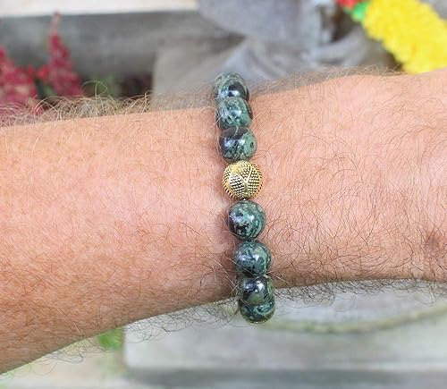 Miniatura 7 de Dark Green Jade and Gold Beads Bracelet, Jade Bracelet, Men's Jade Bracelet