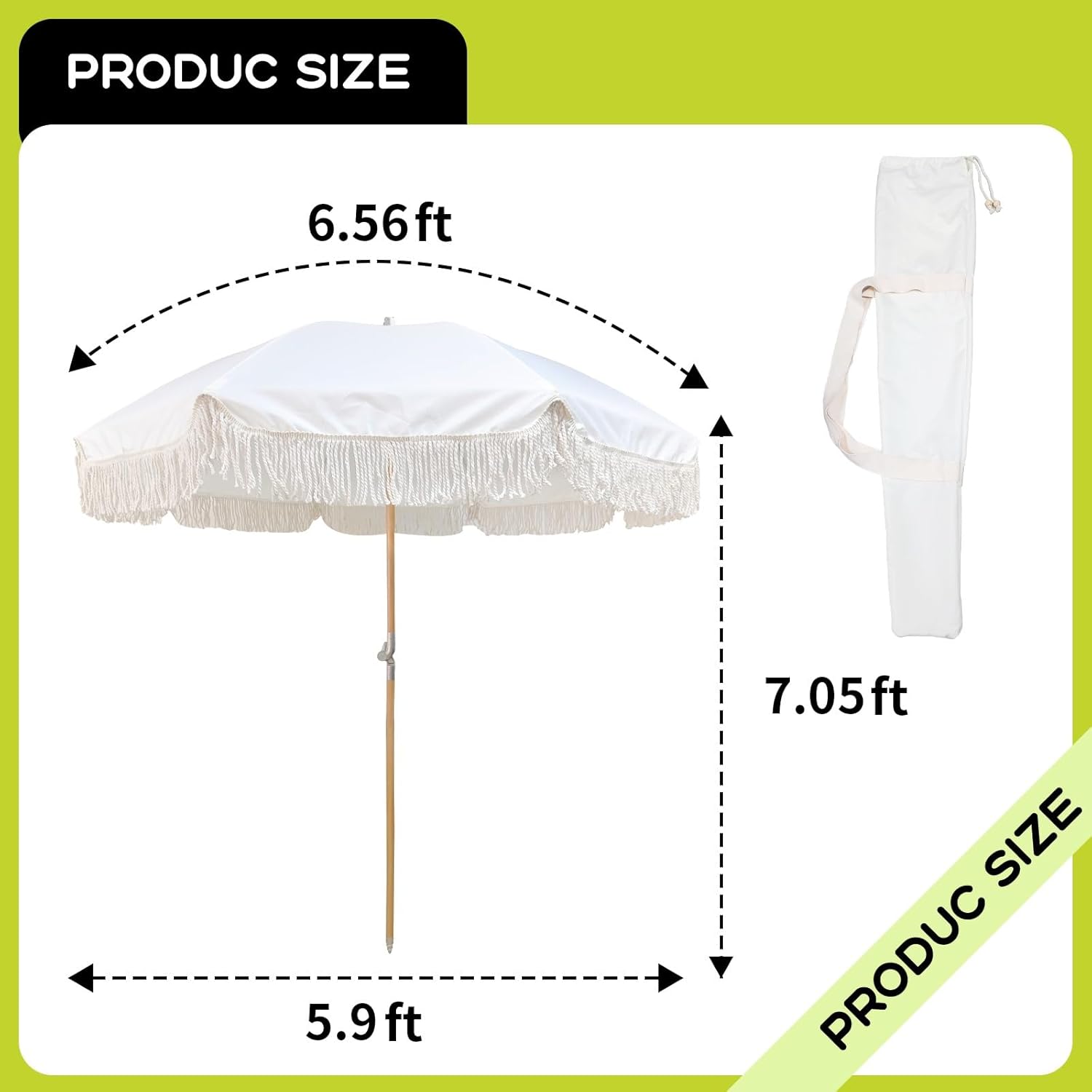 Market Patio Table Umbrella Sunshade, 6ft Boho Pool Beach Umbrella, Portable White Garden Umbrella with Storage Bag, Sturdy Umbrella Pole and Skeleton, Waterproof, for Patio Garden Pool Backyard
