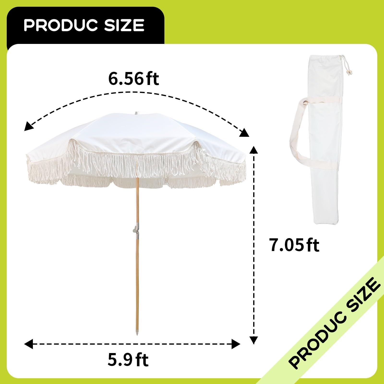 Ombrello da patio da 1,8 m, stile boho, in metallo, con protezione UPF 50+, regolabile, inclinabile, anti-pizzico, facile da trasportare, per giardino, cortile, piscina, spiaggia