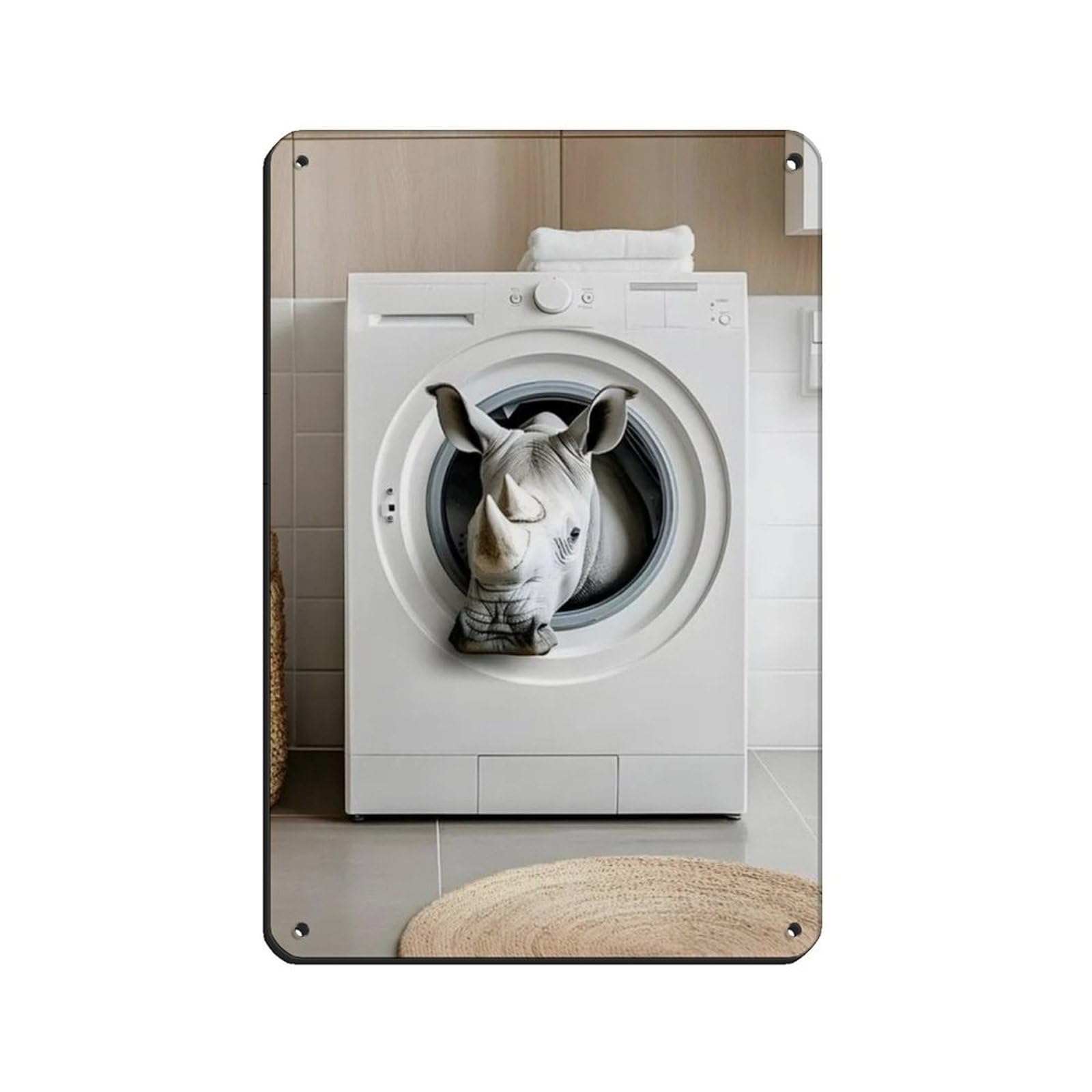 Rhino in A Washing Machine, Funny Bathroom Art Tin Sign Vintage Metal Pub Club Cafe Bar Home Wall Art Decoration Poster Retro 8x12inch(20x30cm)