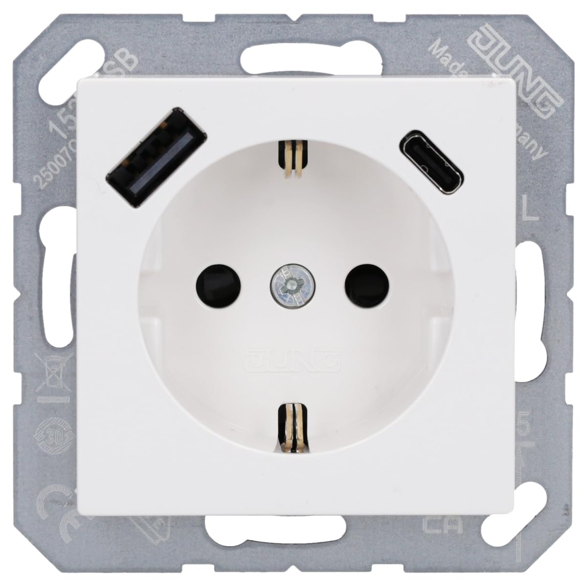 Jung A1520-15CAWW Prise Schuko avec USB type AC (3A) avec protection de contact accrue (thermoplastique incassable) Blanc alpin série A