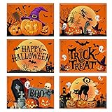 Halloween Placemats Set of 6, Farmhouse Trick or Treat Kitchen Decor, Rustic Orange Halloween Place mats for Kitchen Dining Room Table Decoration, Decorative Happy Halloween Rectangle Placemat