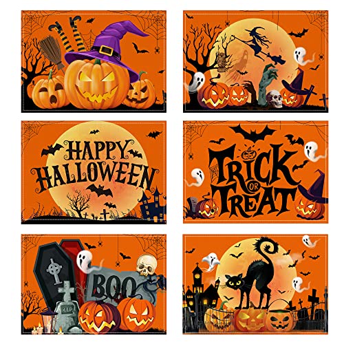 Halloween Placemats Set of 6, Farmhouse Trick or Treat Kitchen Decor, Rustic Orange Halloween Place mats for Kitchen Dining Room Table Decoration, Decorative Happy Halloween Rectangle Placemat