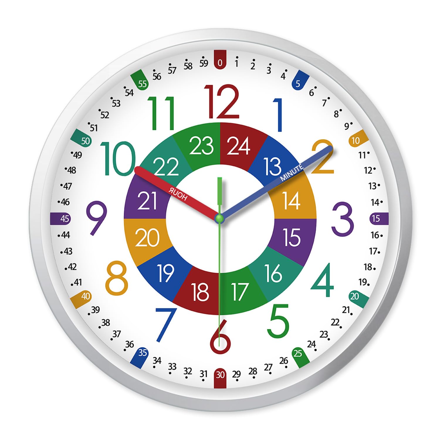 XFM Learning Clock for Kids Silent Non Ticking Battery Operated Colorful Teaching Time Clock 8 Inch Decorative Small Analog Clock for Kids Room Classroom School Playroom