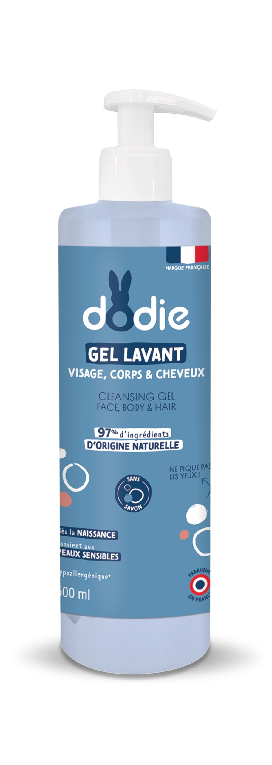 DODIE Gel Lavant 3 en 1 (500 mL) - Nettoyant Visage, Corps et Cheveux - 92% d’ingrédients d’origine naturelle, Hypoallergénique - Dès la naissance