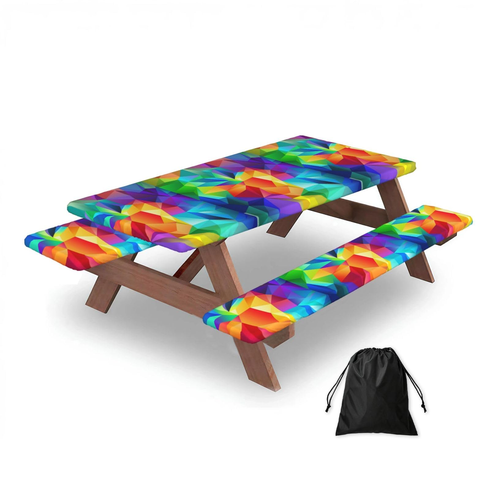 Dopklna As Picture Rainbow Geometric, Picnic Table Cover With Bench Covers -Waterproof Elastic Fitted Tablecloth For Garden Camping Patio 76X152cm