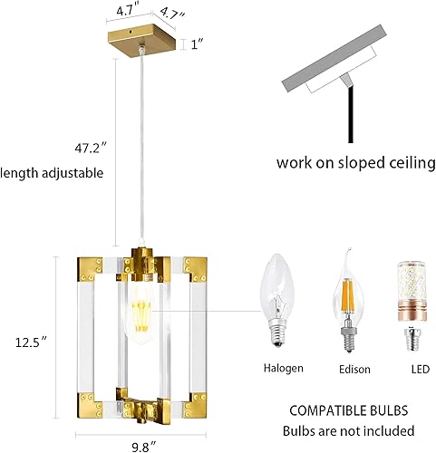 Miniatura 5 de Candelabro moderno dorado de 4 luces, lámpara colgante rectangular de latón transparente para comedor, dormitorio, vestíbulo y entrada