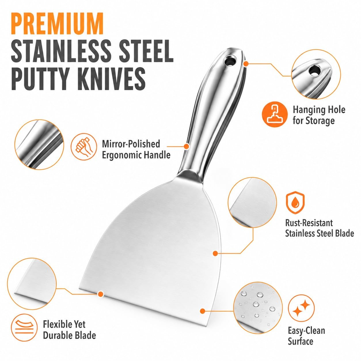 Espátulas Masilla de Acero Inoxidable, Raspadores de Papel Tapiz, Juego de Espátulas de Relleno para Masilla Mango Hueco Plata para Eliminar Pintura y Manchas