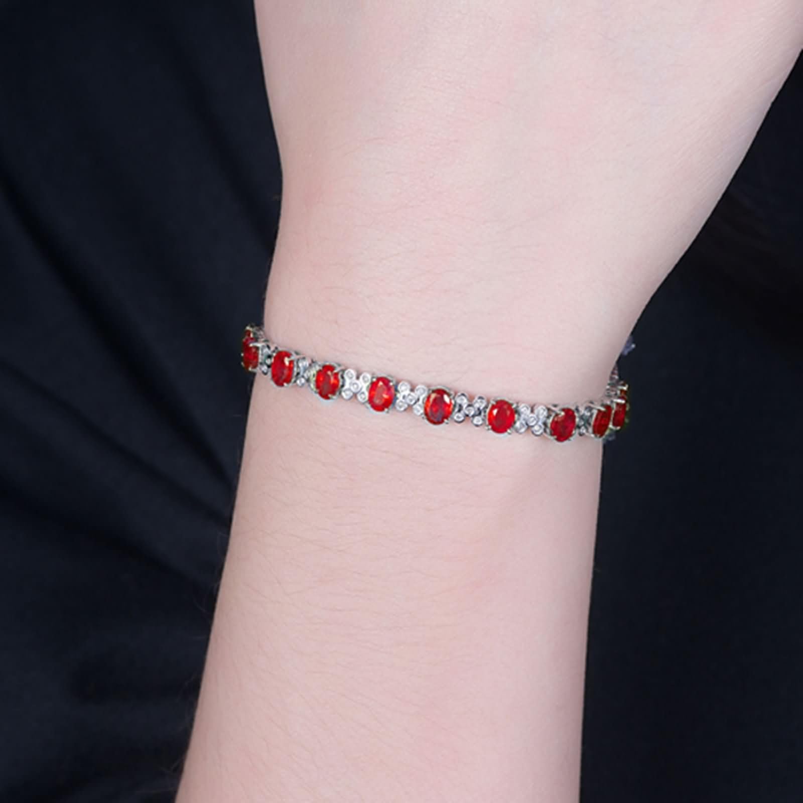 Pulsera de Oro Blanco Mujer 9 K / 14 K / 18 K, Flor y Oval con Rubí Creado de 6 ct y Diamante, Cadena 16 CM, Pulsera Mujer de Plata Rojo