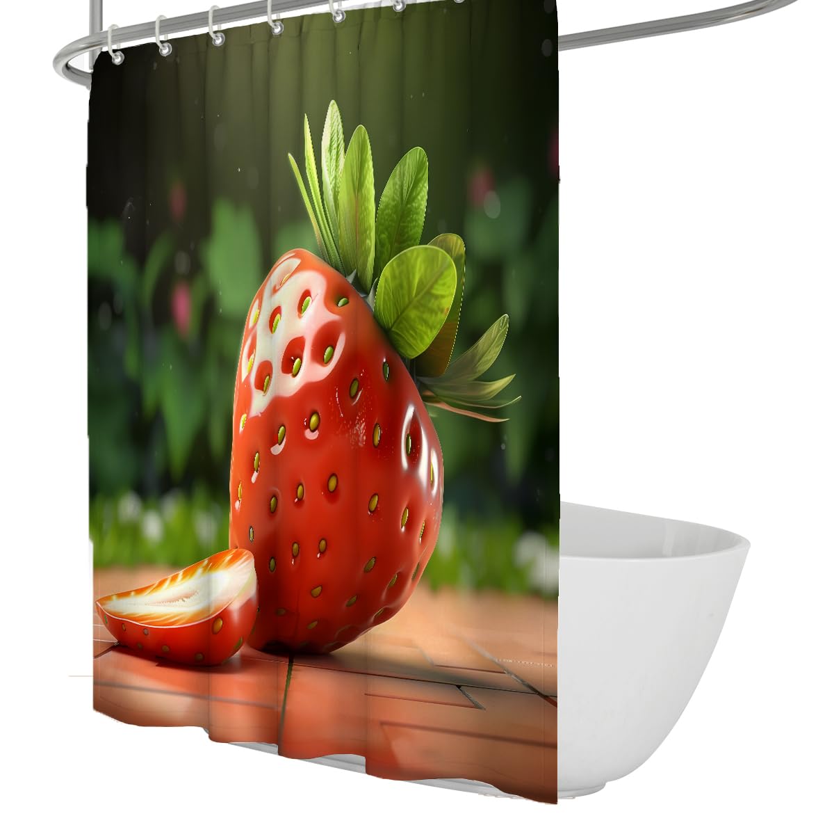 Rideau de Douche Paysage Botanique Fraise Rouge Fraîche, Ferme de Fruits Été Fond Vert Nature, Décor de Salle de Bain Tissu Esthétique avec Crochets, Étanche 200 x 200 cm