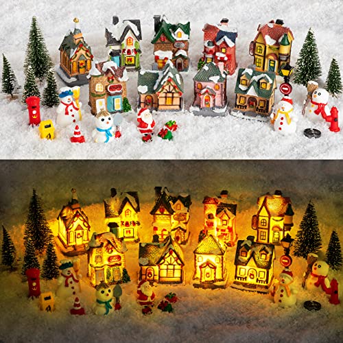 Vinsot 30 Pcs Christmas Village Sets Light Up Christmas Town LED Tiny Resin Village Figurines Collection Display Xmas Table Decor Ornaments