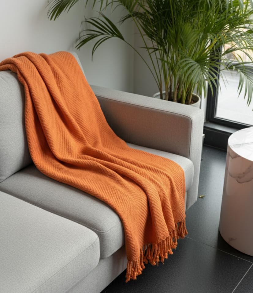 Image of HAKAM Orange Cotton Herringbone Throw Blanket for Bed, Sofa, Couch | Lightweight Decorative Blanket for Living Room & Home Decor | 50 X 60 Inch