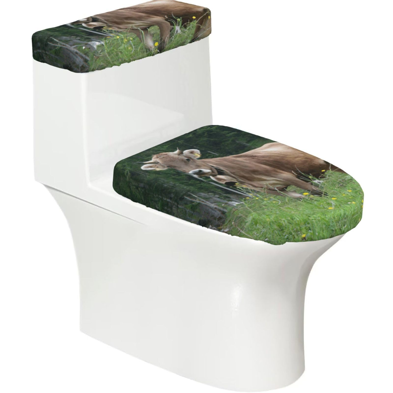Real Swiss Cow Brown Print Bathroom Decor Toilet Lid Cover And Tank Covers, Restroom Accessories Fits Most Round